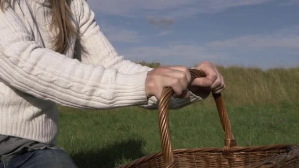 Woman Picking Retro Woven Basket Field Medium Shot — Vídeos de Stock
