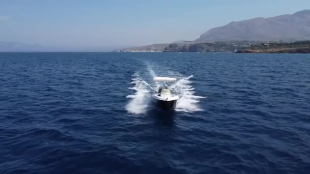 Aerial Backwards Shot Tracking Riding Motorboat Mediterranean Sea Beautiful Weather — Stockvideo