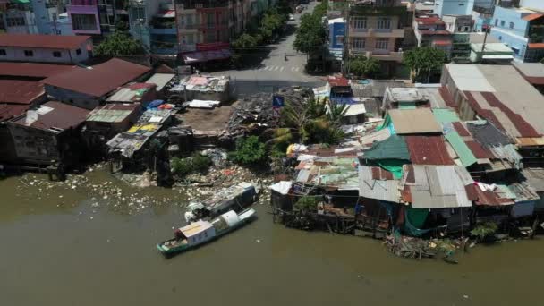 Tracking Drone Shot Old New Buildings Kenh Canal Waterway Connects — Videoclip de stoc