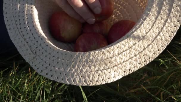 Hands Putting Red Apples Straw Hat Close Shot — Vídeos de Stock