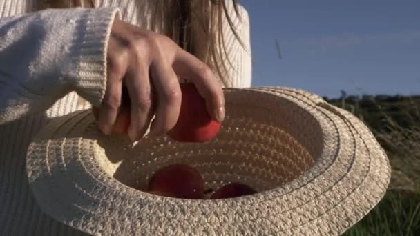 Woman Putting Ripe Red Apples Straw Hat Medium Shot — Stock Video