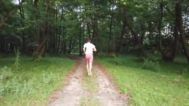Young Caucasian Male Running Forest Trail Summer Man Jogging Cross — Stock video