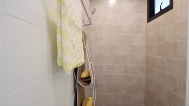 Simple Clean Beige Tiles Bathroom Shower Head — Video Stock