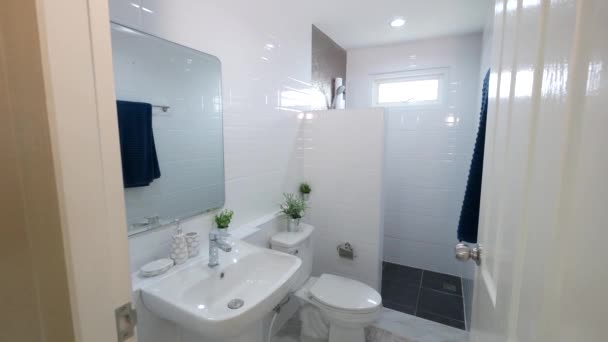 Clean White Toilet Shower Area — стоковое видео