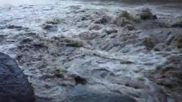 Close Shot Muddy River Flooding Dangerous River Extreme Weather — 图库视频影像