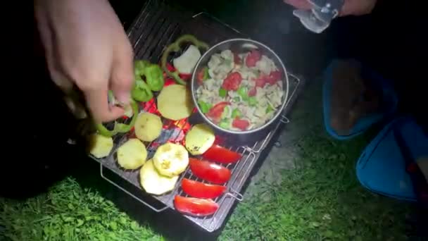 Backpacker Man Grill Potato Chicken Vegetable Barbecue Cook Food Wild — ストック動画