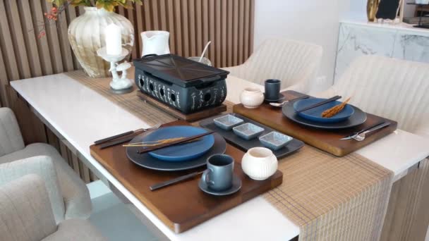 Close Footage Japanese Style Home Dining Table Decoration — Stockvideo