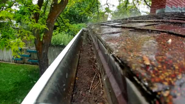 Rain Water Seen Pouring Shingles Rain Gutter Slow Motion — Stock Video