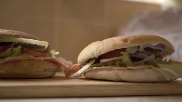 Two Prepared Ham Salad Sandwiches Close Panning Shot — Stock video