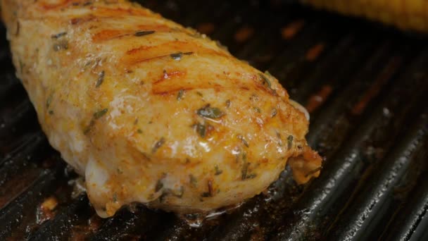 Deliciously Seasoned Chicken Breast Being Pan Fried Hot Iron Grill — Stockvideo