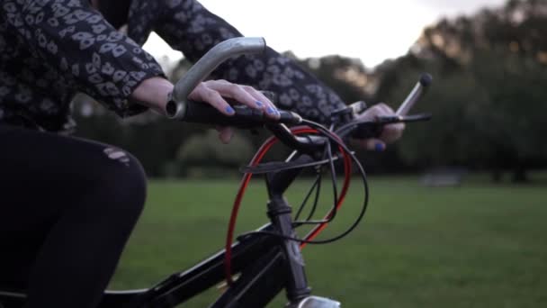 Female Hands Bicycle Park Medium Shot Slow Tilting Shot — Stock Video