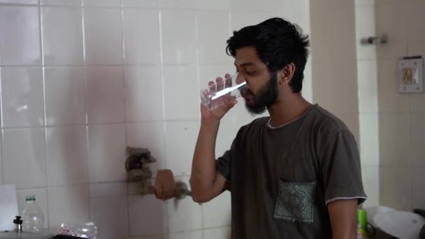 Beard Man Drinking Water Kitchen — Wideo stockowe