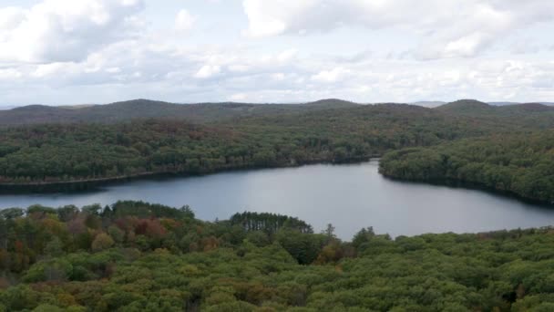 Picturesque Lake Vast Forest Aerial Pull Back View Autumn — ストック動画