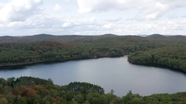 Idyllic Lake Surrounded Thick Wilderness Forest Autumn Aerial Pull Back — стоковое видео