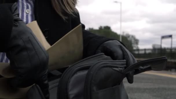 Business Woman Putting Documents Briefcase Medium Shot — 图库视频影像