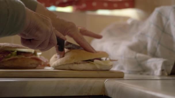 Woman Hands Cutting Prepared Sandwiches Kitchen Medium Shot — Vídeos de Stock