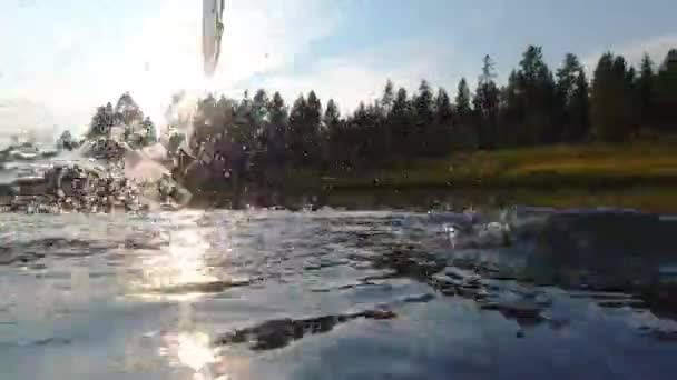 Oar River Raft Boat Crashing Splashing Water Filmed Frames Second — Stockvideo