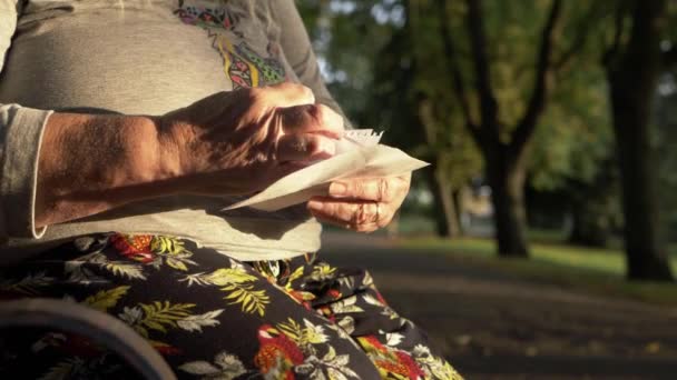 Ώριμη Γυναίκα Ανοίγοντας Φάκελο Στο Πάρκο Μέσο Πλάνο — Αρχείο Βίντεο