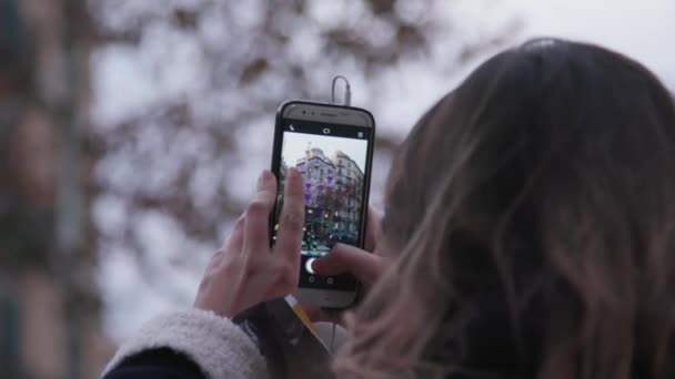 Rear View Elegant Woman Taking Picture Famous Building Phone — Stok video