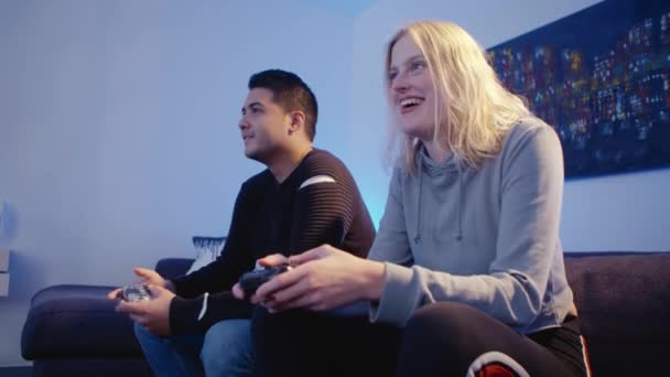 Couple Sitting Couch While Gaming Together Having Fun — Video