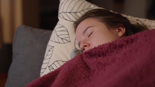 Closeup Cute Woman Sleeping Sofa Comfy Blanket Long Day Work — Αρχείο Βίντεο