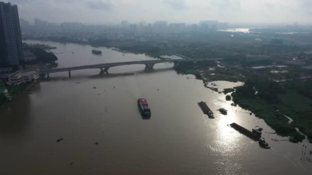 Early Morning High Drone View Looking River Modern Traffic Bridge — Stockvideo