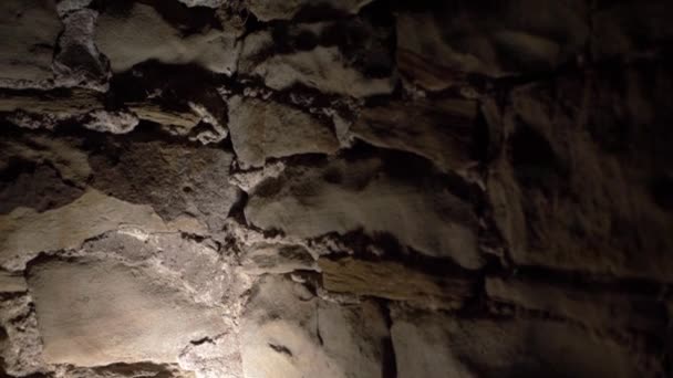 Creepy Stone Wall Basement Old Building Close Panning Shot — Stock video