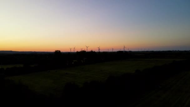 Aerial Shot Flying Straight Puck Wind Farm Sunset Rotating Wind — Video Stock