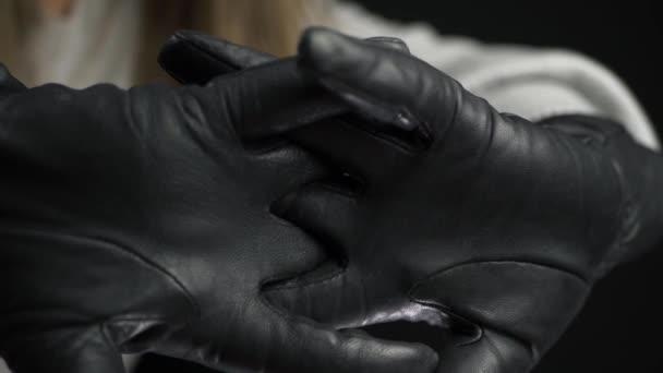 Hands Black Driving Gloves Stretching Relaxing Close Shot — Stockvideo