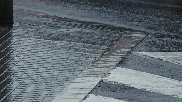 Close Water Flowing Drainage System Urban City Rains Cars Pass — Vídeos de Stock