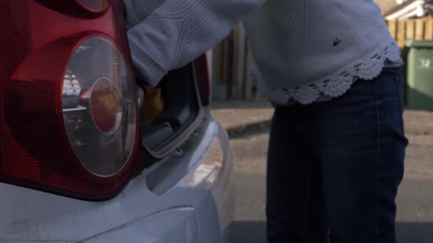 Woman Putting Items Car Boot Medium Shot — 비디오