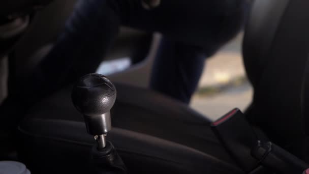 Female Driver Getting Car Interior Medium Shot — Stockvideo