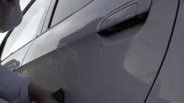 Woman Washing Car Sponge Side Medium Shot — Vídeo de Stock