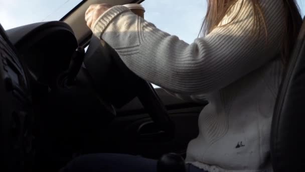 Female Driver Coffee Starting Car Keys Interior Shot — Vídeo de Stock