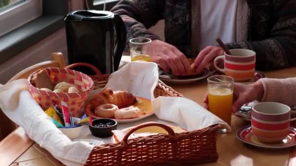 Chilean Breakfast Two Hotel Pichilemu Plates Full Food Juices Coffee — Video Stock