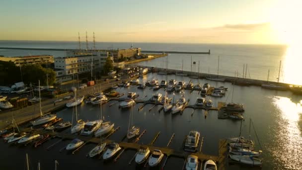 Sailboats Docked Marina Gdynia Vibrant Sunset Gdynia Poland Aerial Drone — Wideo stockowe