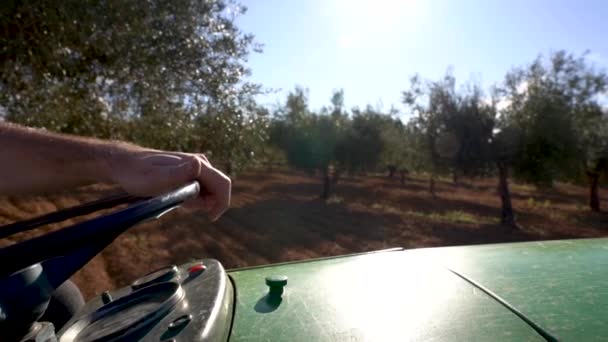 Farmer Hand Turning Steering Wheel Tractor Farm Field — Wideo stockowe