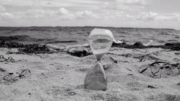 Uur Glas Het Strand Zwart Wit — Stockvideo