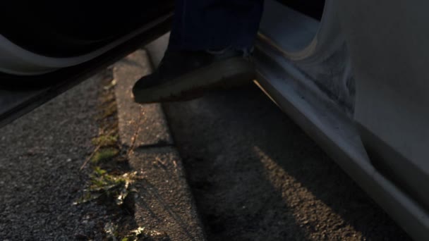 Car Door Opens Feet Getting Out Car Medium Shot — Vídeo de stock