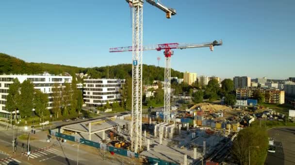 Ascending Aerial View Construction Site Cranes Workers Building House Blue — Wideo stockowe