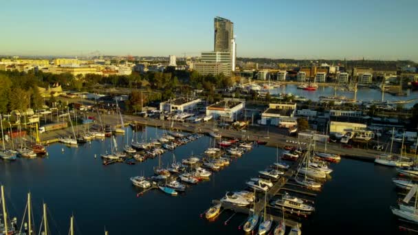 Gdynia City Port Panoramic View Modern Sea Towers Skyscrapers Sailboats — стоковое видео