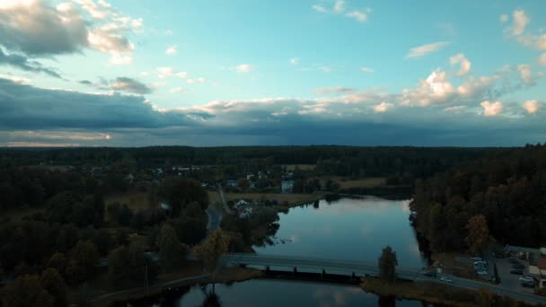 Aerial View Nature Lake Bridge Sunset Cloudscape Background Pomerania Poland — стоковое видео