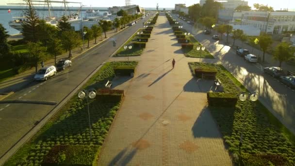 Aerial View Beautiful Promenade Pedestrian Bikes Port Gdynia Parking Ships — Stockvideo