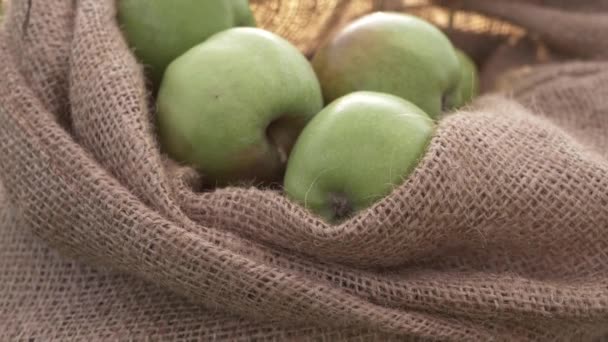 Sack Ripe Green Apples Sack Close Tilting Shot — Stock video