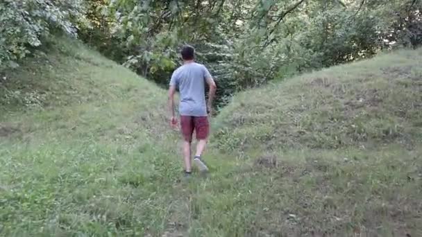 Man Walks Footpath Forest Daytime Summer Season Young Man Filmed — Stock Video