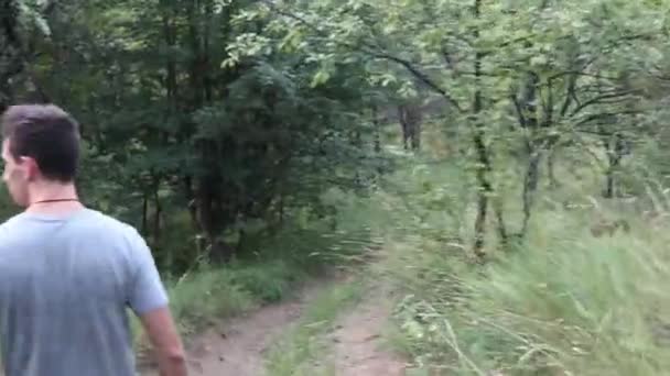 Hombre Joven Caminando Bosque Hora Verano Cerca Disparado Por Espalda — Vídeo de stock