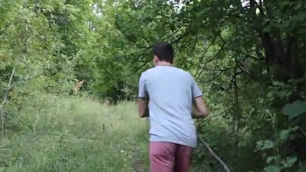 Man Walks Footpath Forest Daytime Summer Season Young Man Filmed — Stock Video
