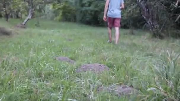 Man Walks Footpath Forest Daytime Summer Season Young Man Filmed — Vídeo de Stock