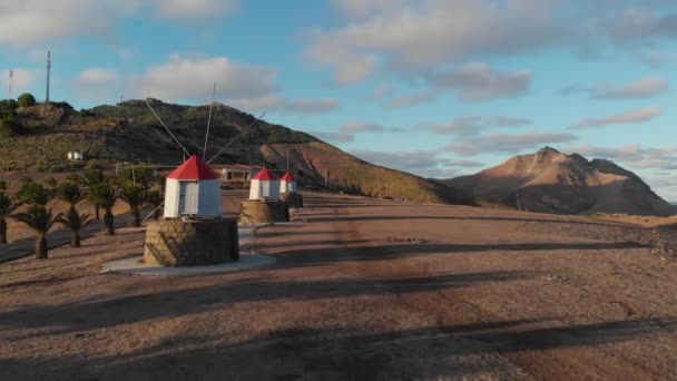 Characteristic Red White Windmills Porto Santo Ground Level Forward — Stock video