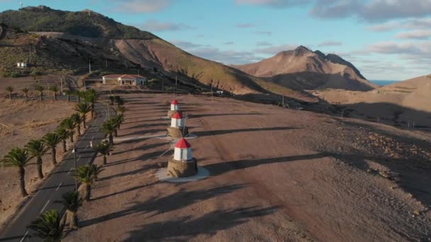 Windmills Porto Santo Island Surrounding Landscape Aerial Forward — Vídeos de Stock